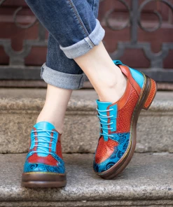 NEW ARRIVALS SOFFIA | Genuine Leather Brown Matrix Turquoise Floral Embossed Sneakers Oxford Shoes