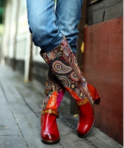 SOFFIA | Genuine Leather Swirle Floral Printed Tie-Accent Leather Knee-high Heel Boots Shoes