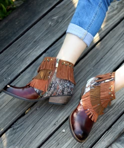 New In Shoes SOFFIA | Genuine Leather Brown Tasselled Cowboy Bootie Ankle Boots