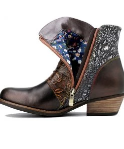 New In Shoes SOFFIA | Bronze Color Block Low Heel Western Genuine Leather Boots Ankle Boots