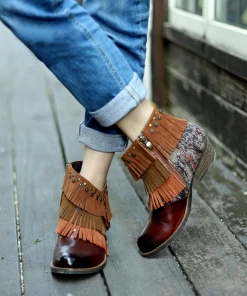 New In Shoes SOFFIA | Genuine Leather Brown Tasselled Cowboy Bootie Ankle Boots