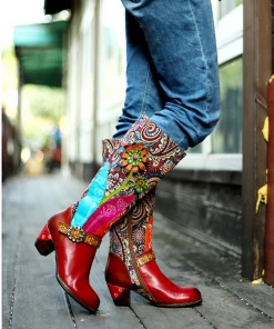 SOFFIA | Genuine Leather Swirle Floral Printed Tie-Accent Leather Knee-high Heel Boots Shoes