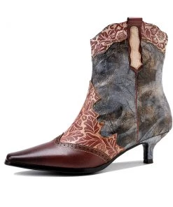 Genuine Leather Distress Brown Leaf Printed Kitten Heel Bootie Ankle Boots- Soffia New In Shoes