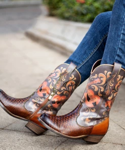 SOFFIA |Genuine Leather Brown Rock & Roll Guitar Mid-Calf Western Boots New In Shoes