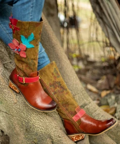 SOFFIA | Genuine Leather Applique Distressed Vintage Boho Knee Boots
