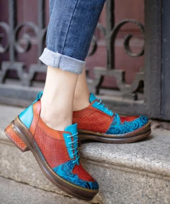 NEW ARRIVALS SOFFIA | Genuine Leather Brown Matrix Turquoise Floral Embossed Sneakers Oxford Shoes