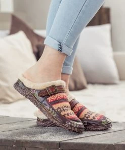 SOFFIA | Genuine Leather Geometry Printed Wool Lined Slippers Clogs - Brown NEW ARRIVALS