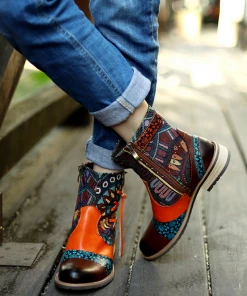 NEW ARRIVALS SOFFIA | Genuine Leather Aboriginal Arts Side Cross Tassel Flat Ankle Boots