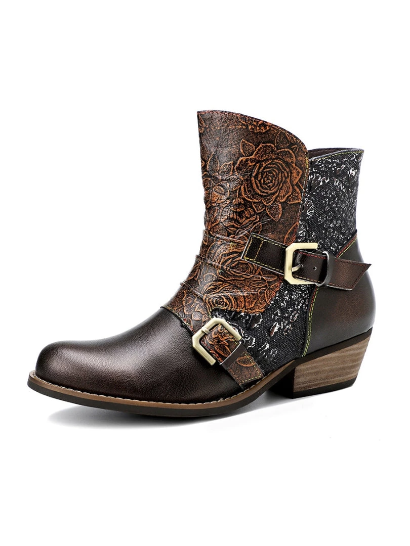 SOFFIA | Genuine Leather Golden & Brown Color Block Cowboy Moto Ankle Boots 3 SOFFIA | Genuine Leather Golden & Brown Color Block Cowboy Moto Ankle Boots