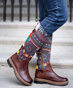 NEW ARRIVALS Soffia | Genuine Leather Brown Geometric Lace-Up Back Flat Knee Boots