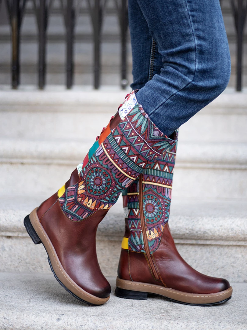 NEW ARRIVALS Soffia | Genuine Leather Brown Geometric Lace-Up Back Flat Knee Boots 2 NEW ARRIVALS Soffia | Genuine Leather Brown Geometric Lace-Up Back Flat Knee Boots