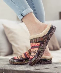 SOFFIA | Genuine Leather Geometry Printed Wool Lined Slippers Clogs - Brown NEW ARRIVALS