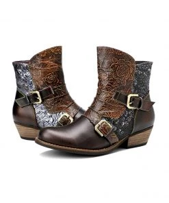 SOFFIA | Genuine Leather Golden & Brown Color Block Cowboy Moto Ankle Boots 8 SOFFIA | Genuine Leather Golden & Brown Color Block Cowboy Moto Ankle Boots