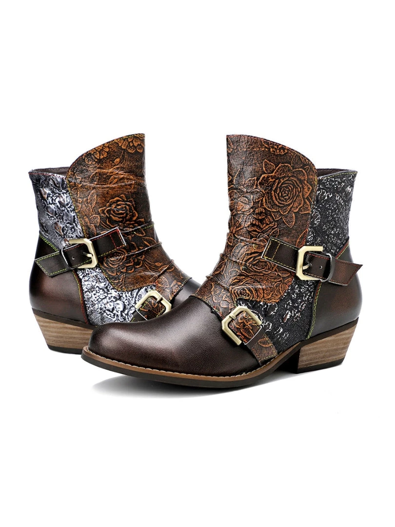 SOFFIA | Genuine Leather Golden & Brown Color Block Cowboy Moto Ankle Boots 4 SOFFIA | Genuine Leather Golden & Brown Color Block Cowboy Moto Ankle Boots