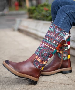 NEW ARRIVALS Soffia | Genuine Leather Brown Geometric Lace-Up Back Flat Knee Boots 13 NEW ARRIVALS Soffia | Genuine Leather Brown Geometric Lace-Up Back Flat Knee Boots