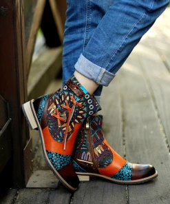 NEW ARRIVALS SOFFIA | Genuine Leather Aboriginal Arts Side Cross Tassel Flat Ankle Boots
