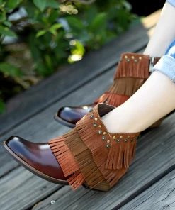 New In Shoes SOFFIA | Genuine Leather Brown Tasselled Cowboy Bootie Ankle Boots