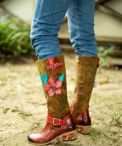 SOFFIA | Genuine Leather Applique Distressed Vintage Boho Knee Boots