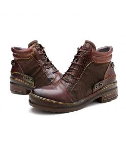 SOFFIA | Genuine Leather Brown Abstract Shoelace Detailed Combat Boots S/S 2022