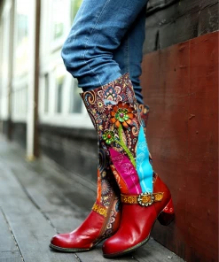 SOFFIA | Genuine Leather Swirle Floral Printed Tie-Accent Leather Knee-high Heel Boots Shoes