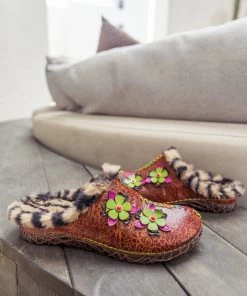 NEW ARRIVALS SOFFIA | Tiger Printed Wool Lined Applique Leather Slipper - Brown