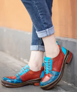 NEW ARRIVALS SOFFIA | Genuine Leather Brown Matrix Turquoise Floral Embossed Sneakers Oxford Shoes