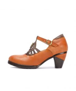 RXD SOFFIA | Brown Genuine Leather Cut Out Vintage Mary Jane Heeled Pumps NEW ARRIVALS