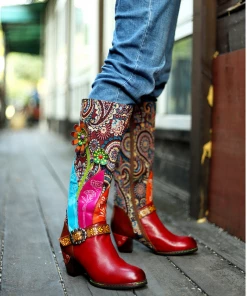 SOFFIA | Genuine Leather Swirle Floral Printed Tie-Accent Leather Knee-high Heel Boots Shoes