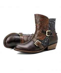 SOFFIA | Genuine Leather Golden & Brown Color Block Cowboy Moto Ankle Boots 9 SOFFIA | Genuine Leather Golden & Brown Color Block Cowboy Moto Ankle Boots