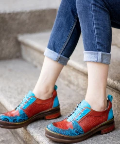 NEW ARRIVALS SOFFIA | Genuine Leather Brown Matrix Turquoise Floral Embossed Sneakers Oxford Shoes