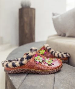 NEW ARRIVALS SOFFIA | Tiger Printed Wool Lined Applique Leather Slipper - Brown