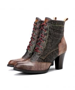 SOFFIA | Brown Matrix Lace-Up Leather Mid Heel Combat Boots