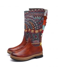 NEW ARRIVALS Soffia | Genuine Leather Brown Geometric Lace-Up Back Flat Knee Boots 14 NEW ARRIVALS Soffia | Genuine Leather Brown Geometric Lace-Up Back Flat Knee Boots