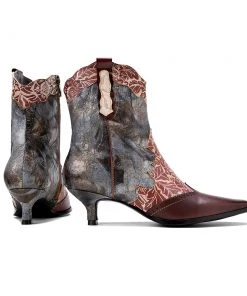 Genuine Leather Distress Brown Leaf Printed Kitten Heel Bootie Ankle Boots- Soffia New In Shoes