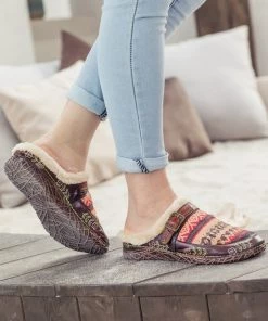 SOFFIA | Genuine Leather Geometry Printed Wool Lined Slippers Clogs - Brown NEW ARRIVALS