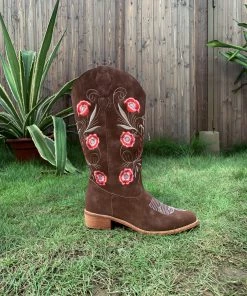 YL New In Shoes En Bloom | Brown Morning Glory Embroidered Cowboy Heel Boots 12 YL New In Shoes En Bloom | Brown Morning Glory Embroidered Cowboy Heel Boots
