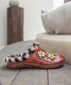 NEW ARRIVALS SOFFIA | Tiger Printed Wool Lined Applique Leather Slipper - Brown