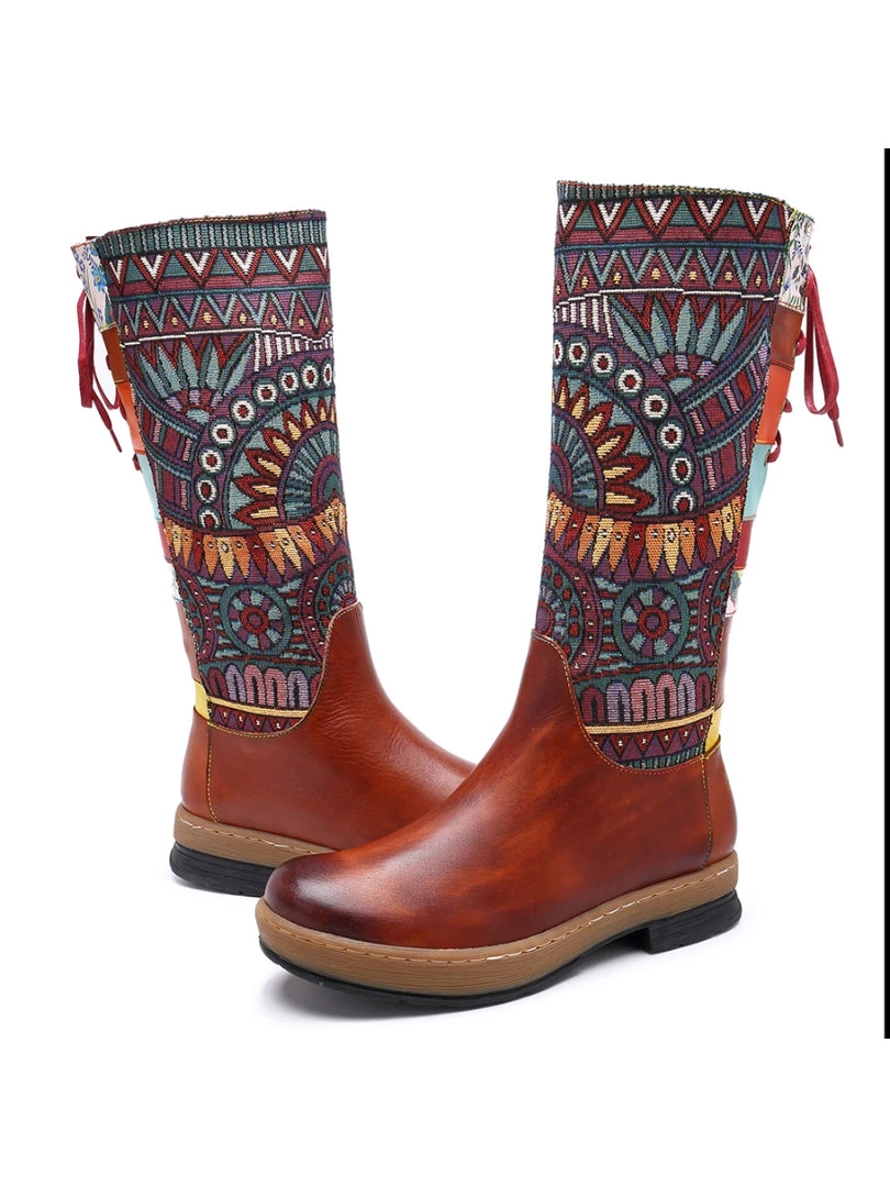 NEW ARRIVALS Soffia | Genuine Leather Brown Geometric Lace-Up Back Flat Knee Boots 6 NEW ARRIVALS Soffia | Genuine Leather Brown Geometric Lace-Up Back Flat Knee Boots