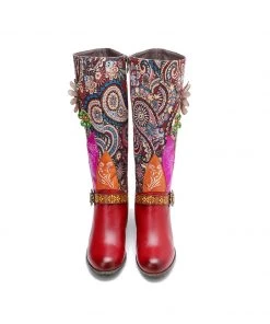 SOFFIA | Genuine Leather Swirle Floral Printed Tie-Accent Leather Knee-high Heel Boots Shoes