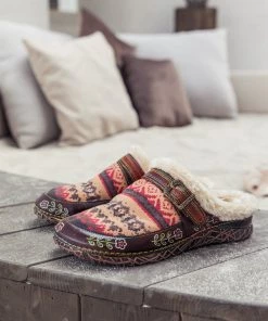 SOFFIA | Genuine Leather Geometry Printed Wool Lined Slippers Clogs - Brown NEW ARRIVALS