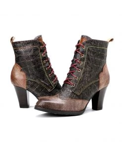 SOFFIA | Brown Matrix Lace-Up Leather Mid Heel Combat Boots