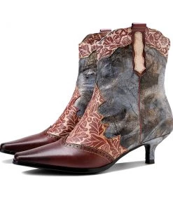 Genuine Leather Distress Brown Leaf Printed Kitten Heel Bootie Ankle Boots- Soffia New In Shoes