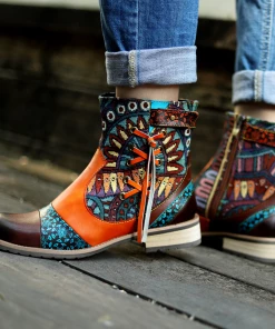 NEW ARRIVALS SOFFIA | Genuine Leather Aboriginal Arts Side Cross Tassel Flat Ankle Boots