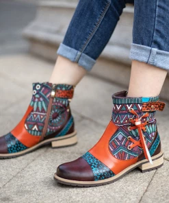 NEW ARRIVALS SOFFIA | Genuine Leather Aboriginal Arts Side Cross Tassel Flat Ankle Boots