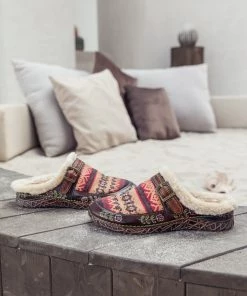 SOFFIA | Genuine Leather Geometry Printed Wool Lined Slippers Clogs - Brown NEW ARRIVALS