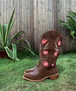 YL New In Shoes En Bloom | Brown Morning Glory Embroidered Cowboy Heel Boots 14 YL New In Shoes En Bloom | Brown Morning Glory Embroidered Cowboy Heel Boots
