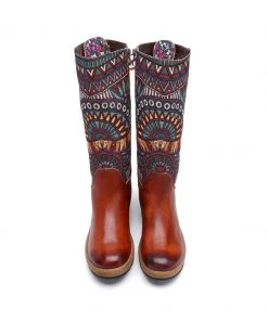 NEW ARRIVALS Soffia | Genuine Leather Brown Geometric Lace-Up Back Flat Knee Boots 16 NEW ARRIVALS Soffia | Genuine Leather Brown Geometric Lace-Up Back Flat Knee Boots