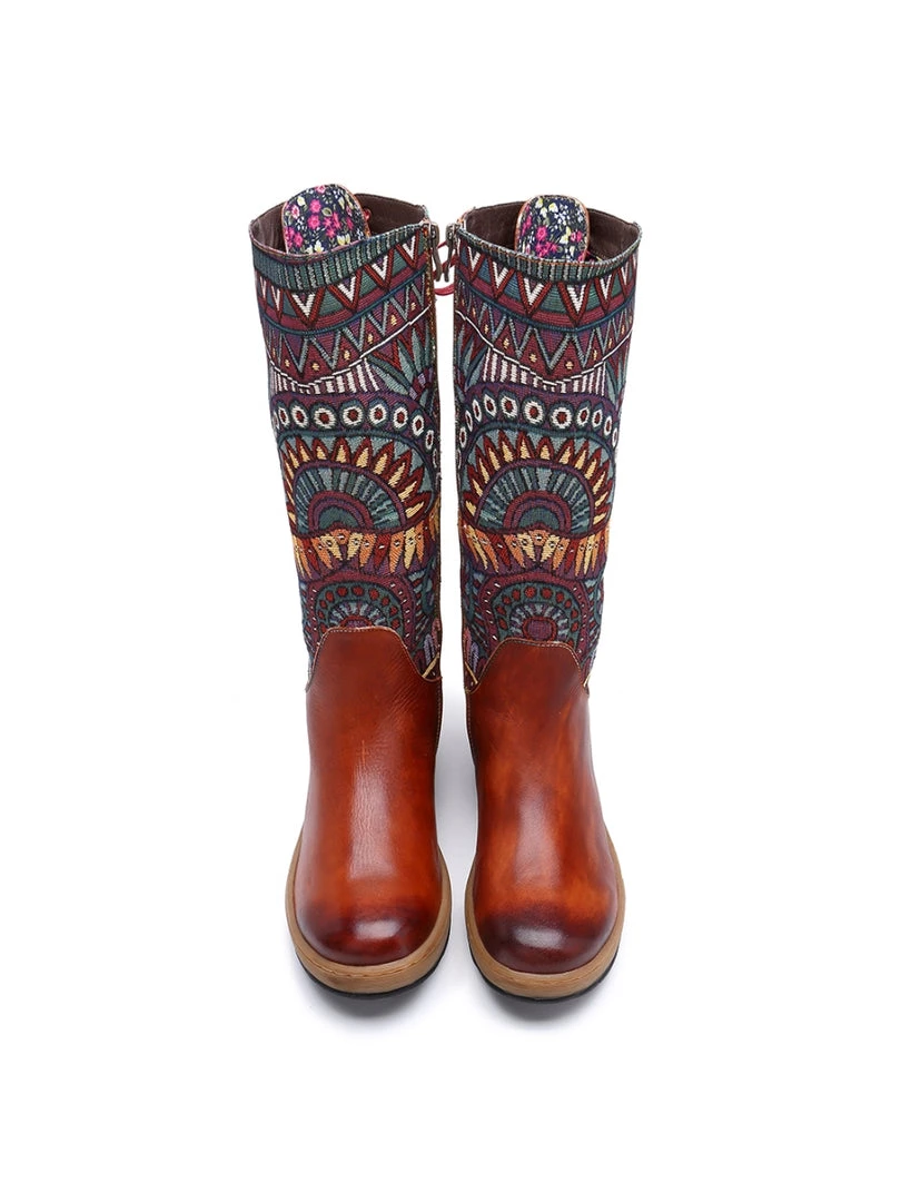 NEW ARRIVALS Soffia | Genuine Leather Brown Geometric Lace-Up Back Flat Knee Boots 7 NEW ARRIVALS Soffia | Genuine Leather Brown Geometric Lace-Up Back Flat Knee Boots