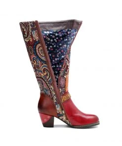 SOFFIA | Genuine Leather Swirle Floral Printed Tie-Accent Leather Knee-high Heel Boots Shoes