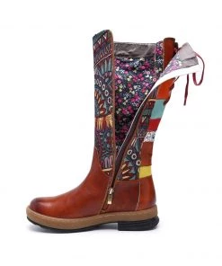 NEW ARRIVALS Soffia | Genuine Leather Brown Geometric Lace-Up Back Flat Knee Boots 17 NEW ARRIVALS Soffia | Genuine Leather Brown Geometric Lace-Up Back Flat Knee Boots